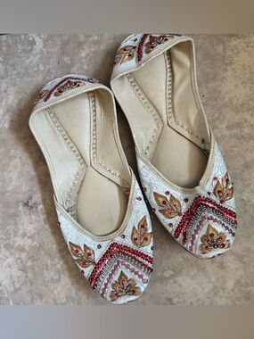 Embellished White Red & Gold Jutti Flats - Women's Shoes handmade India